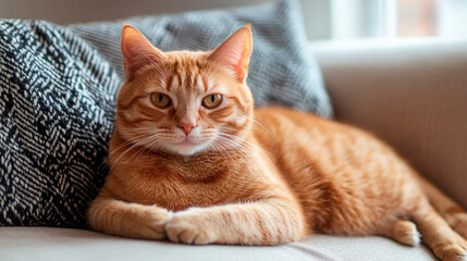 Orange tabby cat resting comfortably on a couch with patterned pillows in a well lit room indoors