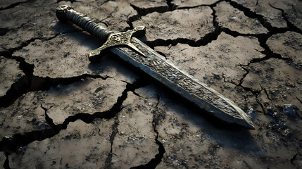 Weathered ancient dagger on cracked earth. Cracked Obelisk. Illustration