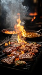 Flames are coming out of a grill with steaks and other food on it vertical background