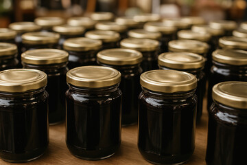 Rows of sealed glass jars filled with dark honey on wooden surface in warm light