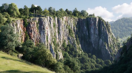 A dramatic cliffside landscape with lush greenery and a clear sky.