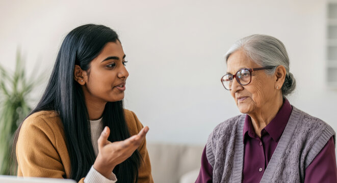 Young asian female engaging in conversation with elderly caucasian woman at home