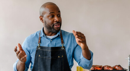 African adult male chef discussing culinary techniques in kitchen