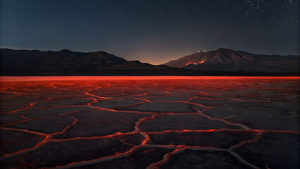 The vast lava lake surrounded cracked rocks