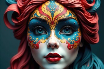 Symmetrical swirls on a painted mask, intricate details , dark, symmetrical, bright