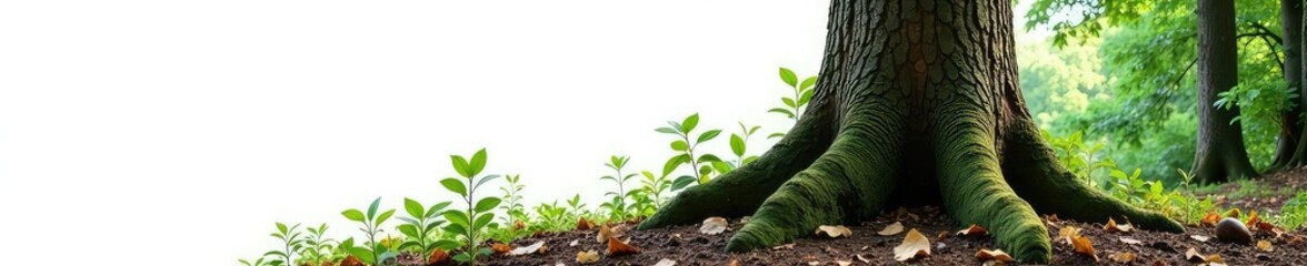 Tree trunk isolated on white background with forest floor and foliage in the distance, nature, tree trunk, forest