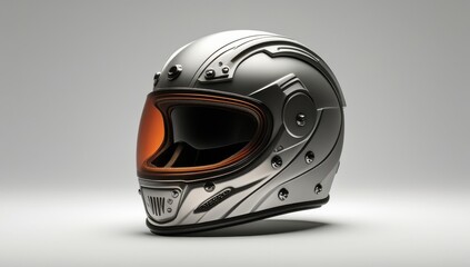 Fototapeta premium Futuristic Silver Motorcycle Helmet with Orange Visor - 3D Render