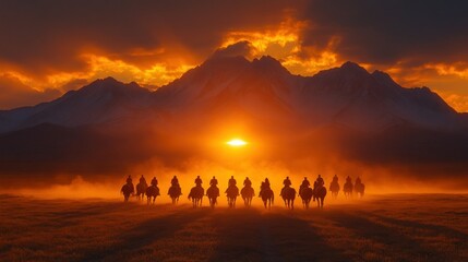 Fototapeta premium Sunset Riders Silhouette, Mountain Valley, Dust