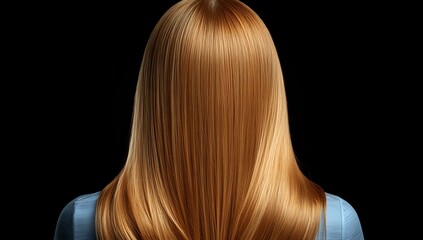 Naklejka premium Back view of straight blonde hair on black background showing smooth, glossy texture and professional salon styling result for beauty and haircare advertising.