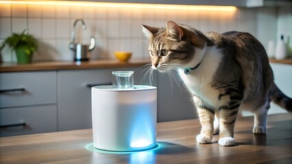 Cat Drinking from Smart Glowing Water Fountain