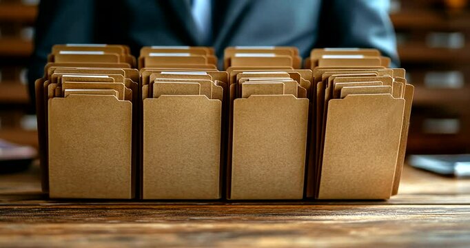 Professional organizing of file folders on a wooden desk in a modern office setting