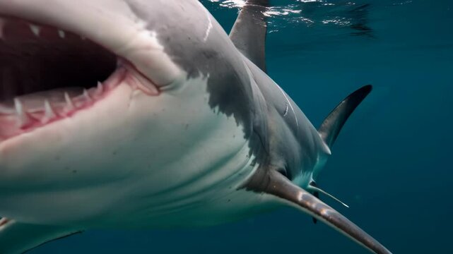 Gray scarred large shark swimming towards the camera in clear blue water background with sun light coming through the ocean surface