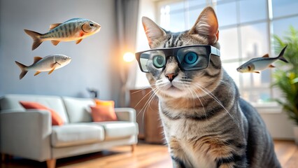 Cat Wearing Smart Glasses &ndash; AR Overlay Showing Bird Stats