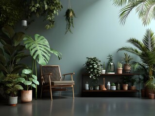 Fototapeta premium Lush Tropical Jungle Indoor Garden Setup Featuring Diverse Exotic Plants Foliage and Controlled Humidity System