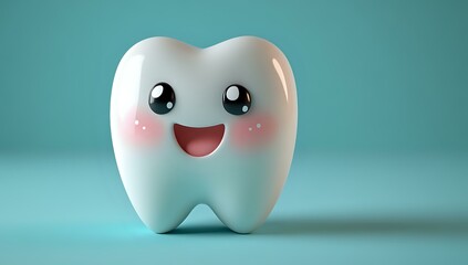 Fototapeta premium Cute cartoon tooth character with happy kawaii face expression and rosy cheeks on mint green background, dental care concept for children's dentistry.