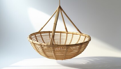 Obraz premium Hanging Rattan Basket, Woven Bowl, Bohemian Decor, Natural Fiber Pendant Light