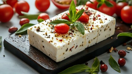 Fresh feta cheese block garnished with cherry tomatoes, basil leaves and spices on dark stone board, surrounded by scattered ingredients.