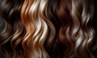 Fototapeta premium Luxurious wavy hair strands in multiple natural shades from platinum blonde to deep chocolate brown creating elegant flowing pattern. For beauty and fashion design.