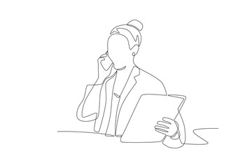 Female doctor reads diagnosis results to patient online. Telehealth concept one-line drawing