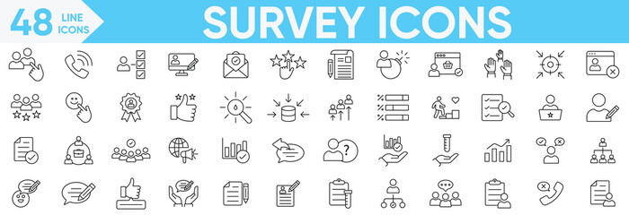Survey icons set. opinion, questionnaire, poll, research, data collection, graphic, white background, review, satisfaction, answers, task, survey, list and more.Vector and illustrator set.