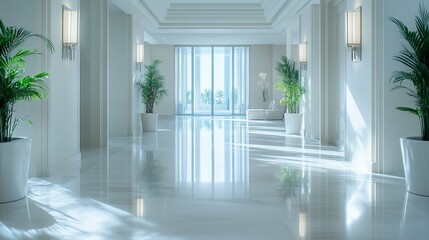 Fototapeta premium Elegant, bright hallway with large windows