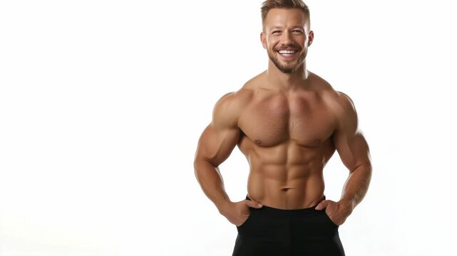 Attractive muscular man posing with a smile against a white backdrop with copy space, showcasing a fit physique and healthy lifestyle.