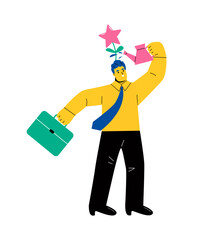 Business man watering star tree on his head. Develop a career or skill concept. Flat vector illustration isolated on white background
