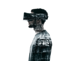 A silhouette of a person wearing a virtual reality headset isolated on transparent background