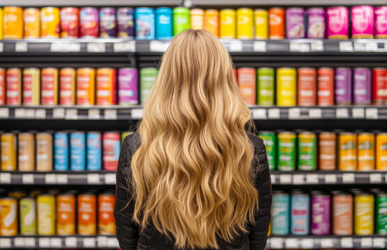 young woman with long blonde hair stands in front of colorful display of beverage cans, showcasing vibrant array of colors and designs