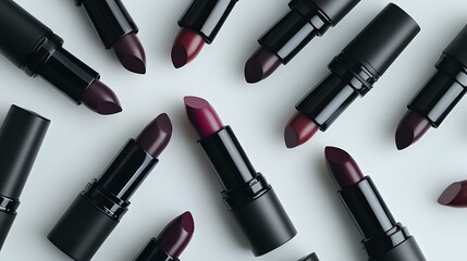 Obraz premium Dark purple and burgundy lipsticks scattered on white background, matte black packaging creates dramatic contrast. Professional makeup and cosmetics flatlay composition.