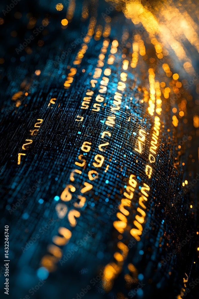 Poster abstract digital numbers and code in golden light against dark blue background, creating futuristic 