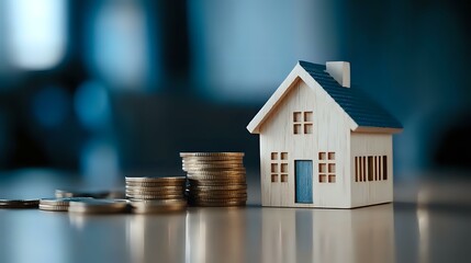 Small wooden house model next to ascending stacks of coins on reflective surface against dark blue background, representing real estate investment and property value growth.