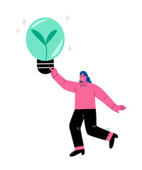 Sustainability concept. Business woman holding sustainable lightbulb. Flat vector illustration isolated on white background