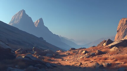 Naklejka premium A serene landscape featuring mountains and a winding path under a clear sky.