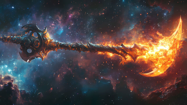 Mystic battleaxe: a cosmic weapon forged in darkness and imbued with stellar power. ethereal forge. illustration. Stellar Forge. Illustration
