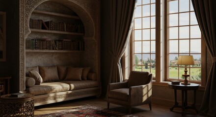 Living Room with Bookshelf, Armchair, and Large Windows
