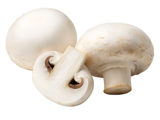 Whole and sliced button mushrooms isolated on transparent background