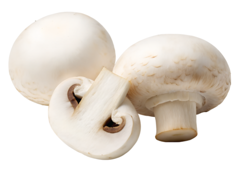 Whole and sliced button mushrooms isolated on transparent background