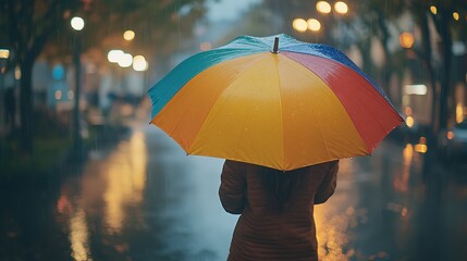 Rainy night scene featuring a person with a colorful umbrella.