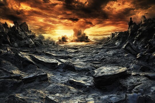 Dramatic, fiery landscape of a desolate, rocky terrain.
