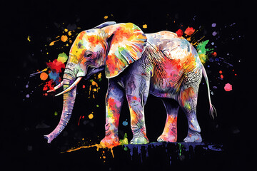 Obraz premium Colorful elephant standing against a dark background, showcasing vibrant splashes of paint art