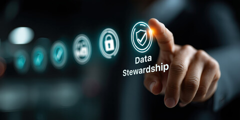 hand is pointing at digital screen with interactive icons, emphasizing data governance stewardship ownership