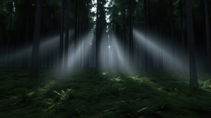 Obraz premium Sunlight streams through misty forest