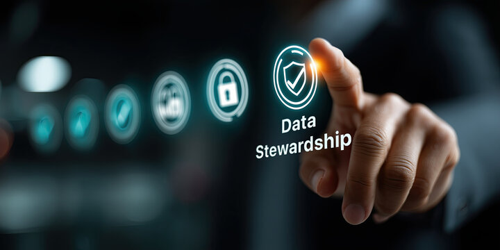 hand is pointing at digital screen with interactive icons, emphasizing data governance stewardship ownership