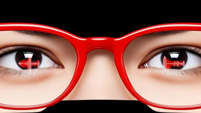 Close-up of human eyes behind red glasses with heartbeat lines, showcasing emotion and health awareness in a creative design - Powered by Adobe