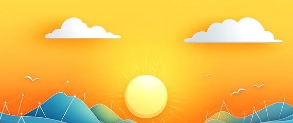 Stylized sunrise landscape with layered mountains and cloud formations