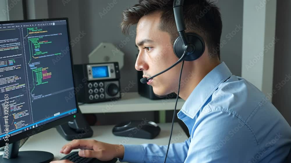 Poster young man wearing headset working on computer coding in modern office with programming language on s