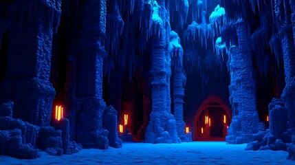 A mystical ice cave illuminated by glowing torches, creating an enchanting atmosphere.