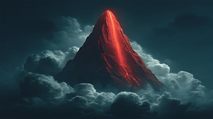 A dramatic mountain peak with a glowing red fissure, surrounded by dark clouds.