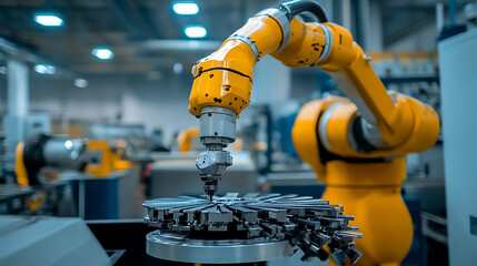 A mechatronics expert creating robotic arms for automating assembly of electric vehicle batteries, automotive facility with robotic arms assembling battery cells, modules